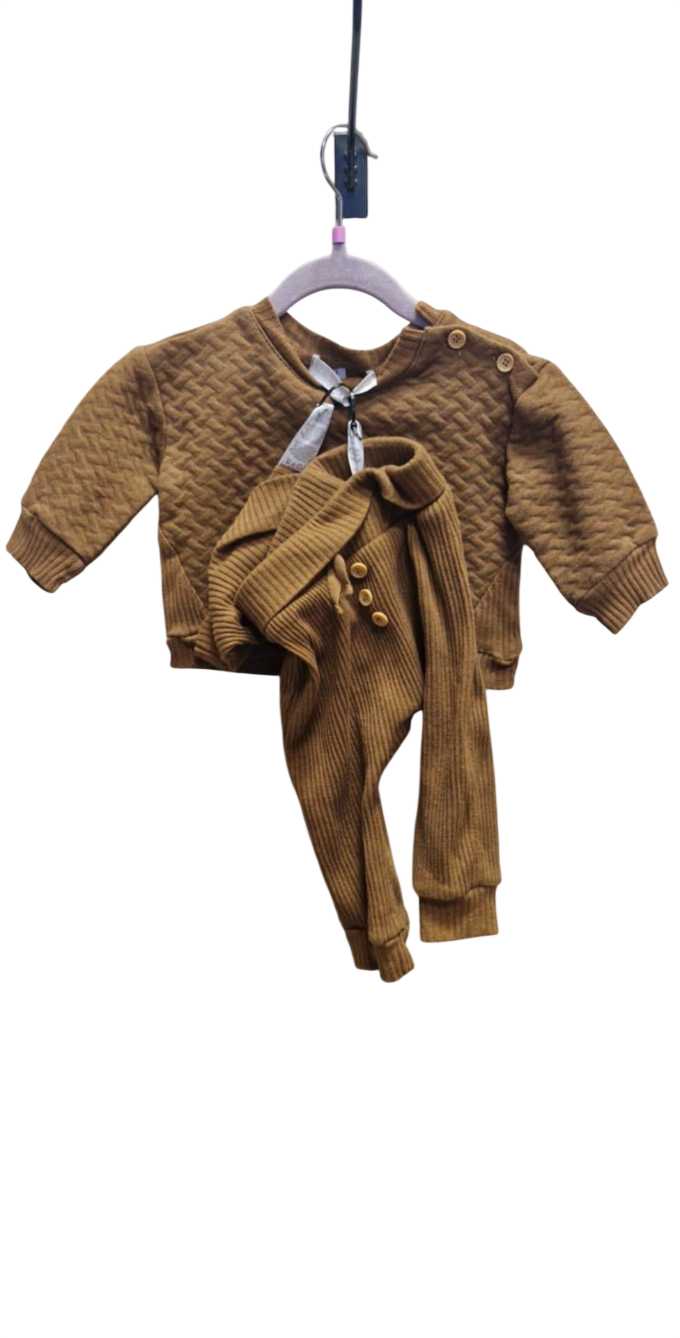 Brúnt sett, buxur, peysa, húfa by Rachel Zoe 6-9 mán