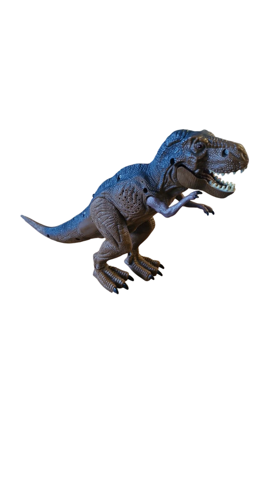 Risaeðla sem labbar og öskrar, rauð ljós í augum. Önnur framlöppin hefur verið límd á