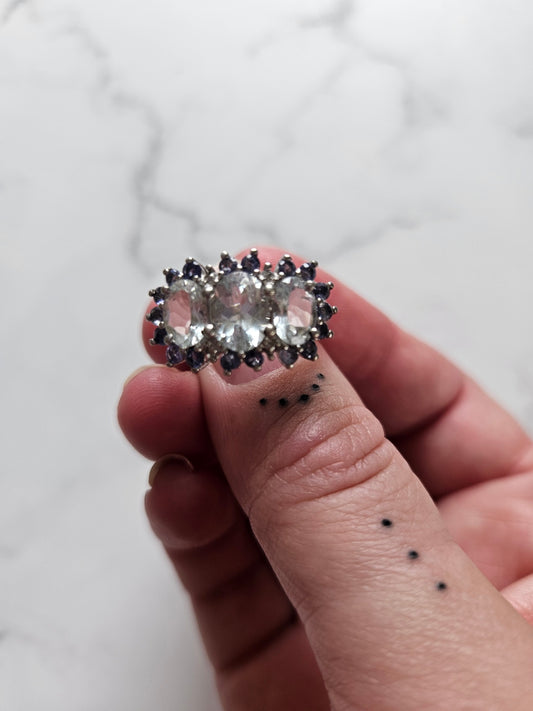 925 Sterling Silver clear og purple stone hringur