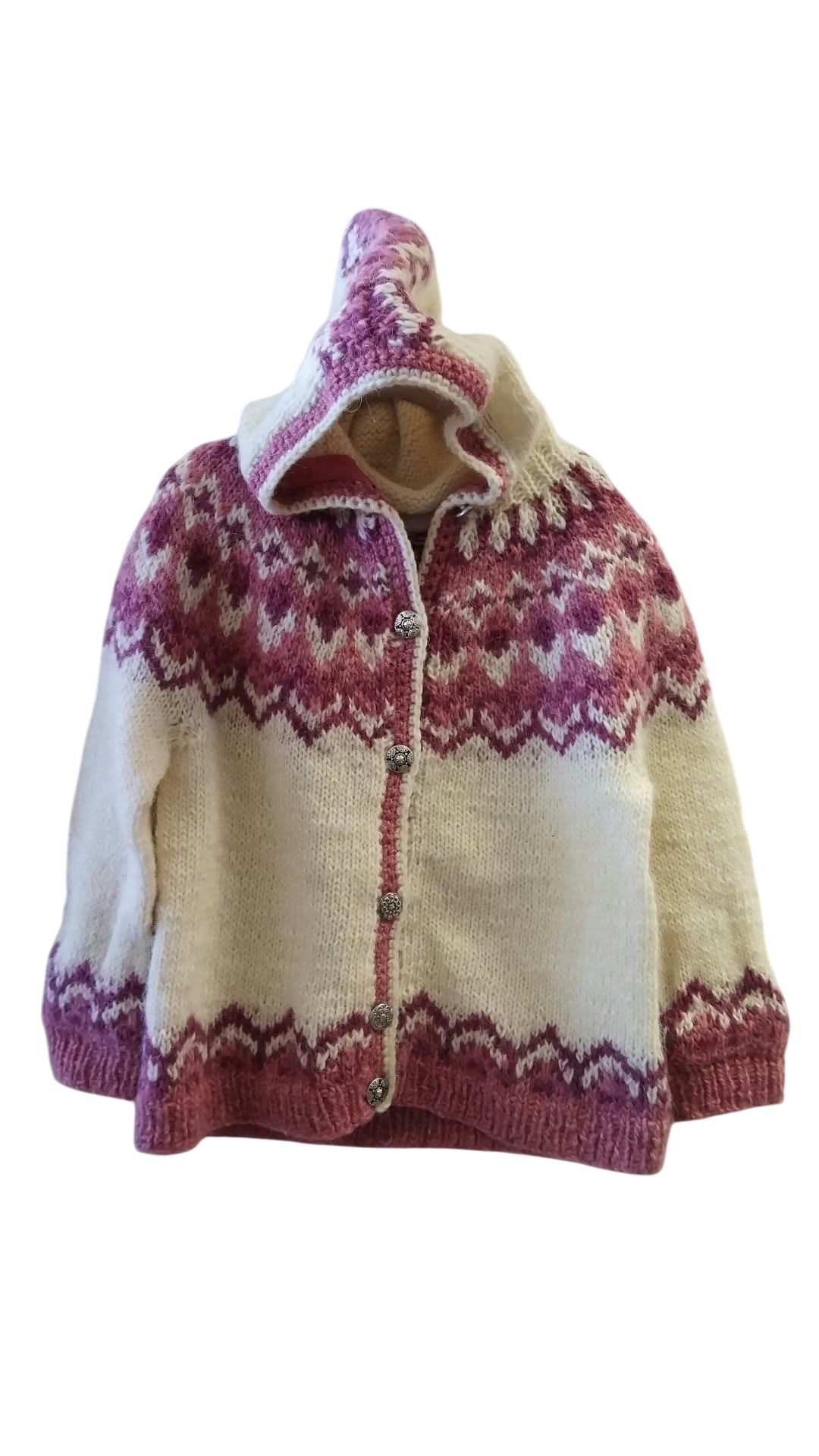 Handprjónuð peysa, hneppt m.hettu116/122
